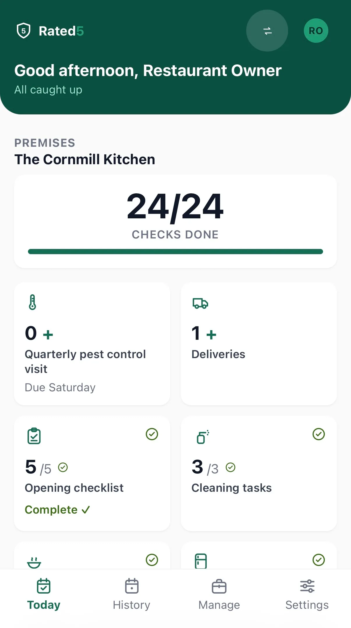 Rated5 Today dashboard on mobile